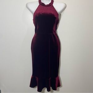 Burgandy Velvet Velour Superfoxx MIDI Dress High Neck Holiday New Year Christmas